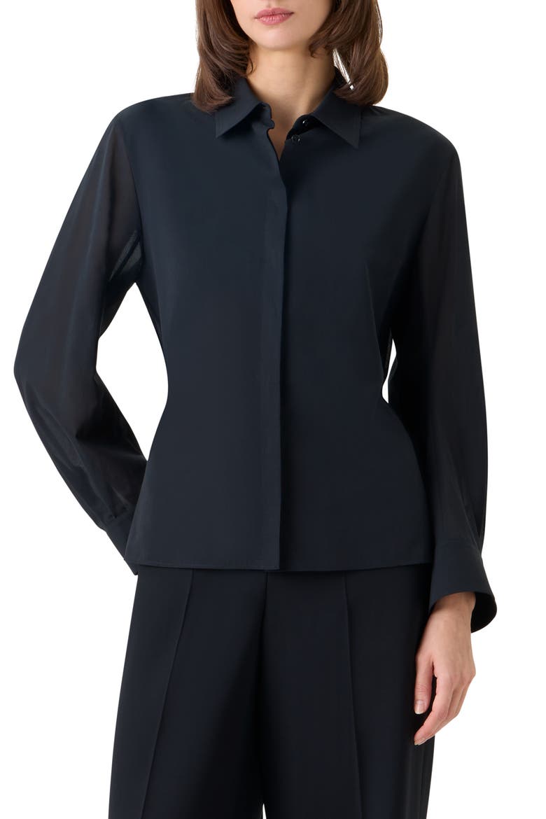 Drawstring Cotton Voile Button-Up Shirt, Main, color, BLACK