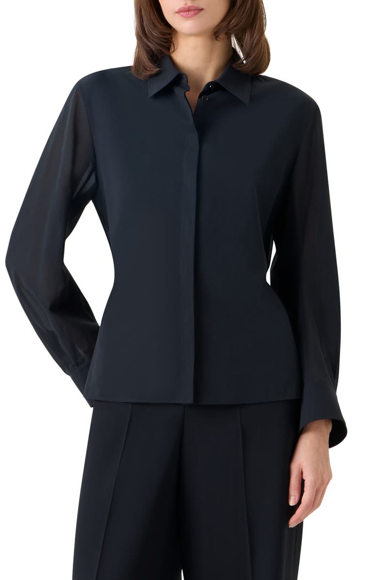 Akris Drawstring Cotton Voile Button-Up Shirt, Main, color, Black
