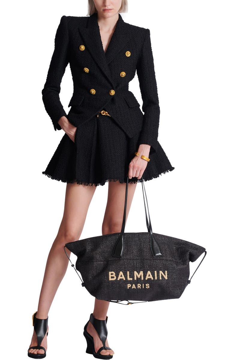 Balmain Track tote bag in raffia and calfskin, Alternate, color, Black