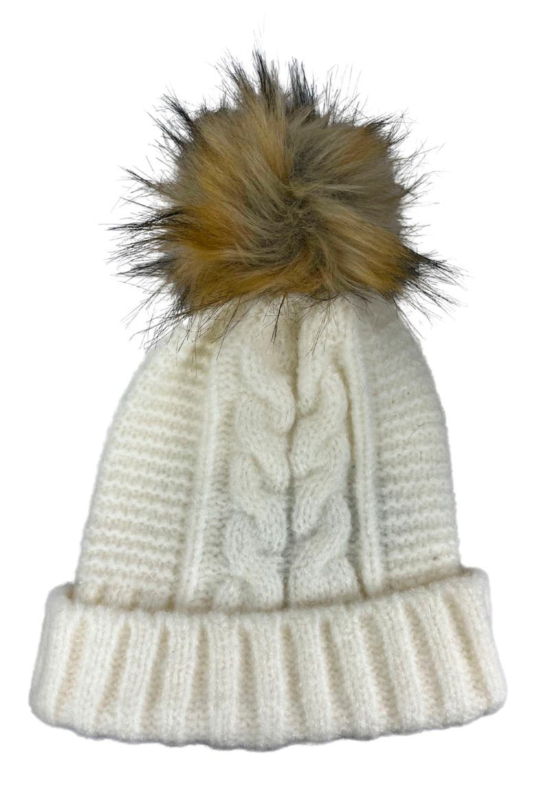 Faux Fur Pom Cable Knit Beanie, Main, color, IVORY