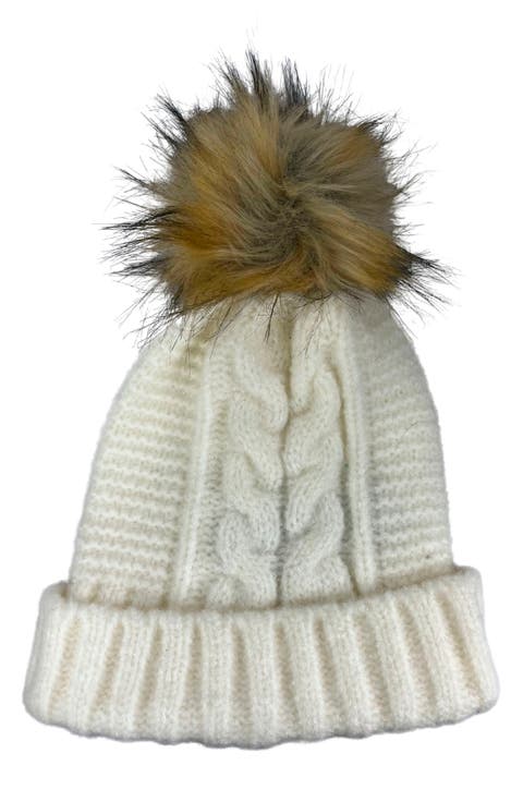 Faux Fur Pom Cable Knit Beanie