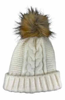 MARCUS ADLER Faux Fur Pom Cable Knit Beanie