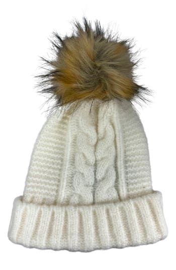Marcus Adler Faux Fur Pom Cable Knit Beanie In Neutral