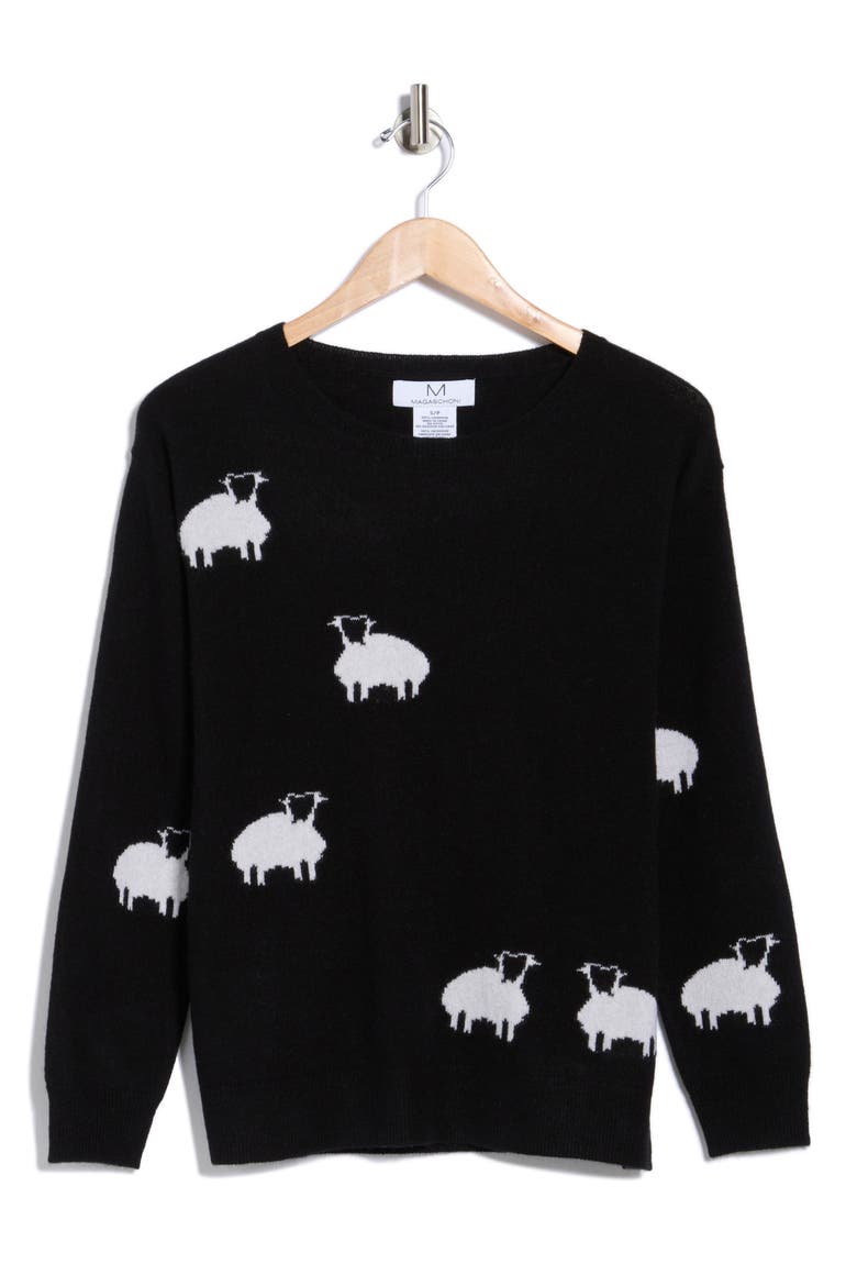 Cashmere Sheep Patterned Sweater, Alternate, color, BLACK/ FROST WHITE