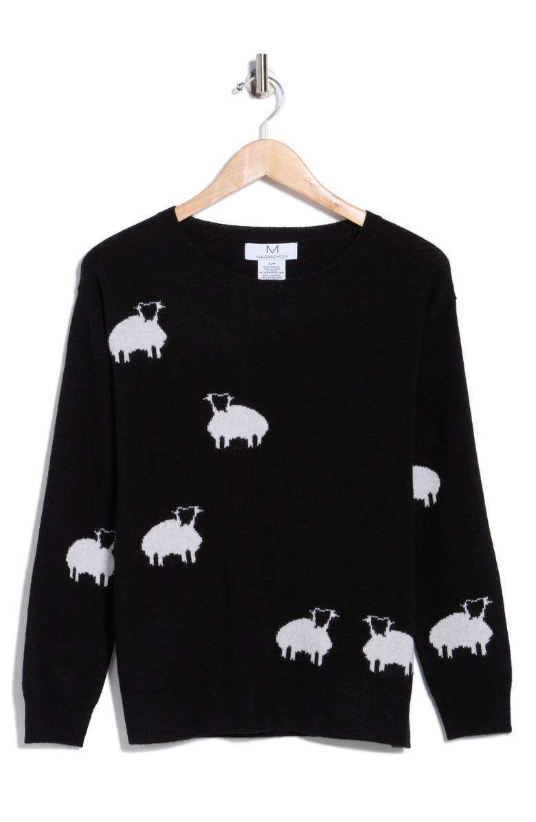 Magaschoni Cashmere Sheep Patterned Sweater, Alternate, color, Black/ Frost White