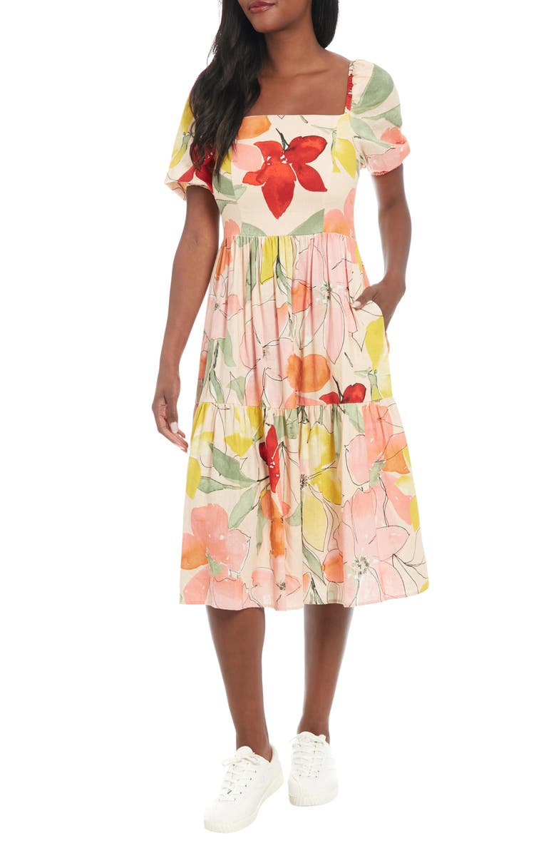 London Times Floral Square Neck Puff Sleeve Tiered Midi Dress, Main, color, 