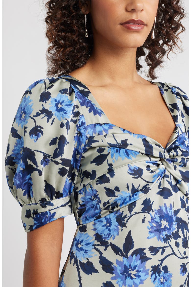 Twist Front Puff Sleeve Satin Midi Dress, Alternate, color, GREY- BLUE DAHLIA FLORAL