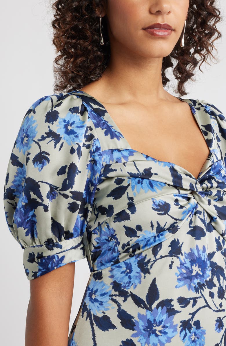 Chelsea28 Twist Front Puff Sleeve Satin Midi Dress, Alternate, color, Grey- Blue Dahlia Floral