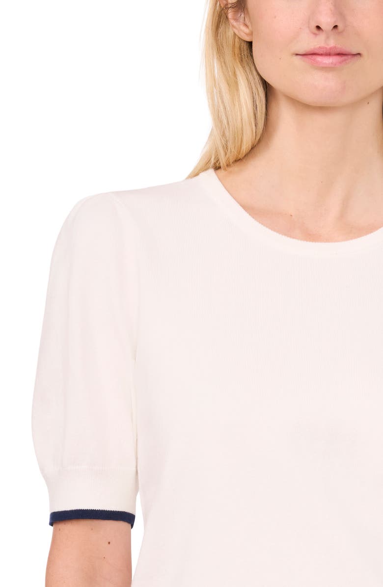 CeCe Contrast Edge Puff Sleeve Cotton Sweater, Alternate, color,