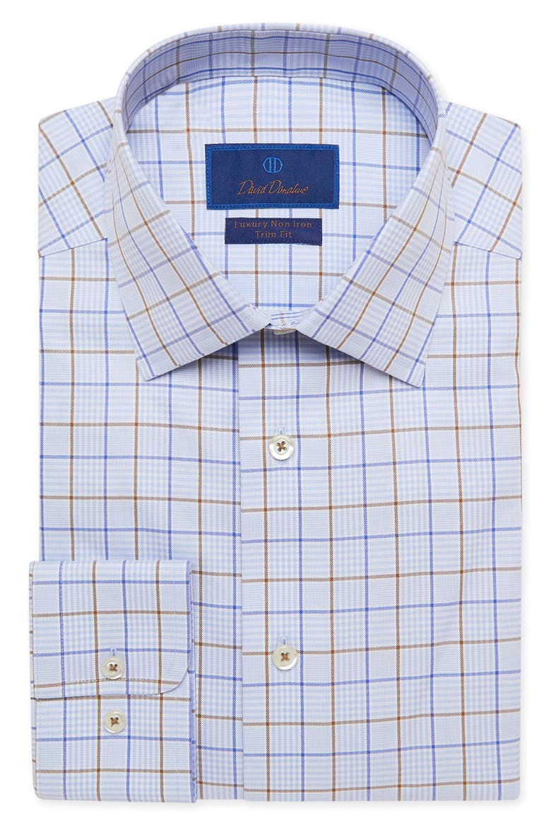 Trim Fit Non-Iron Plaid Dress Shirt, Main, color, SKY/ COCOA