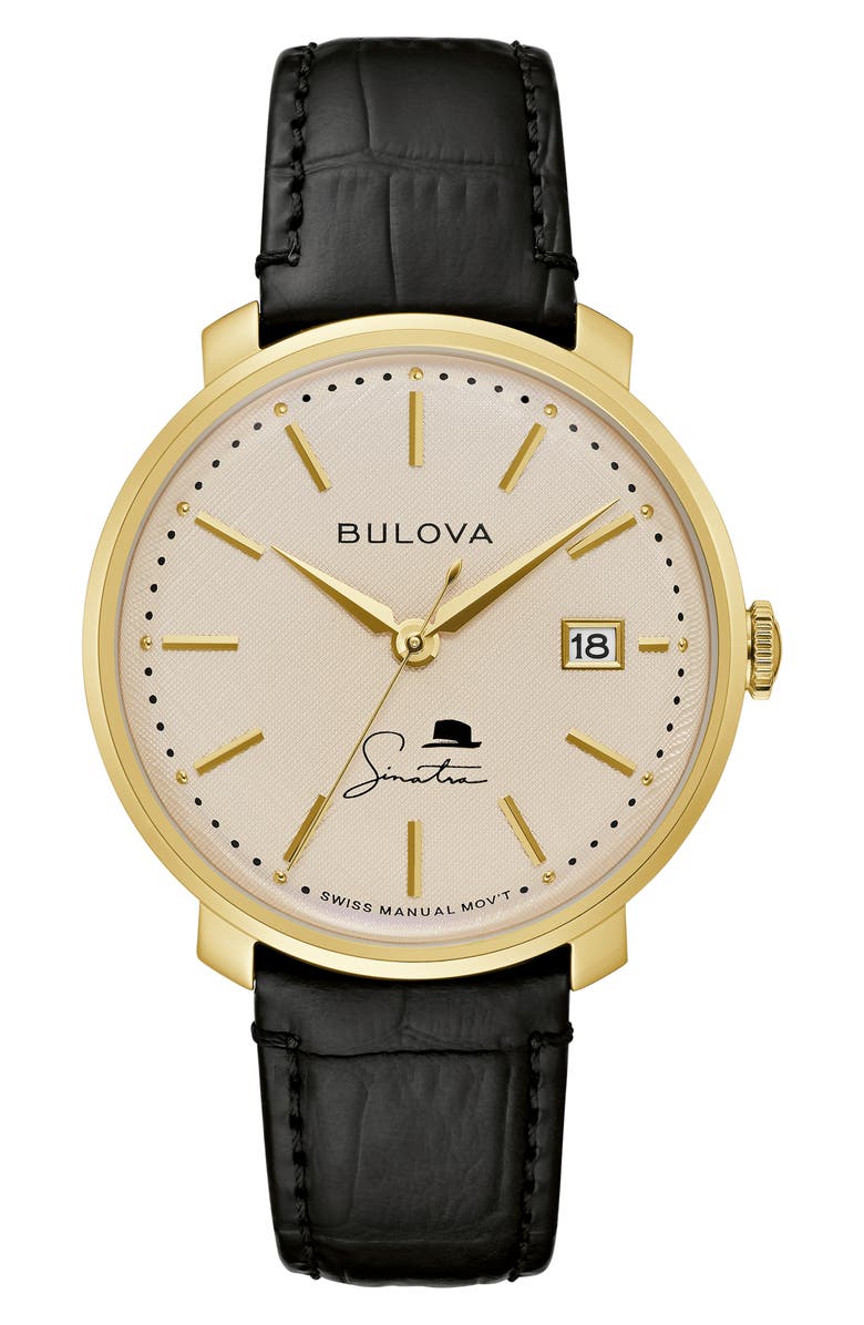 BULOVA Frank Sinatra The Best is Yet to Come Leather Strap Watch, Main, color, 