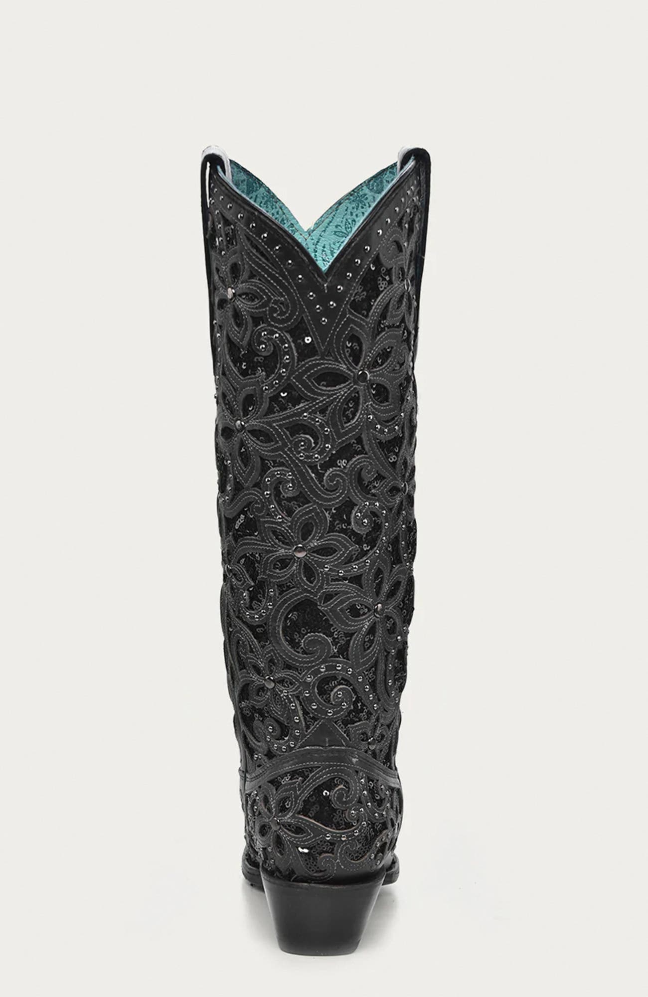 Cowhide Embroidered Inlay Studded Snip Toe Tall Boots, Alternate, color, Black