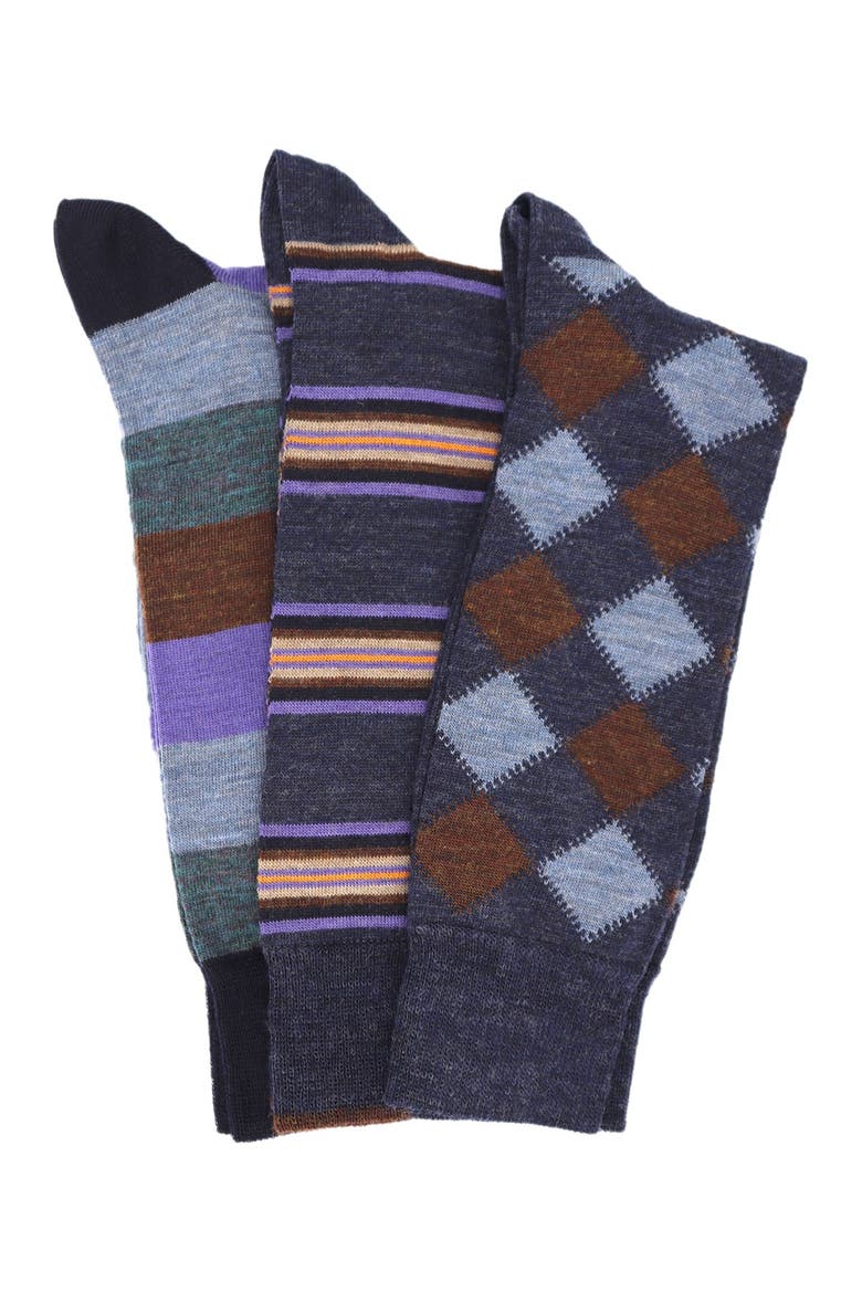 Assorted 3-Pack Italian Merino Wool Crew Socks, Main, color, NAVY MULTI
