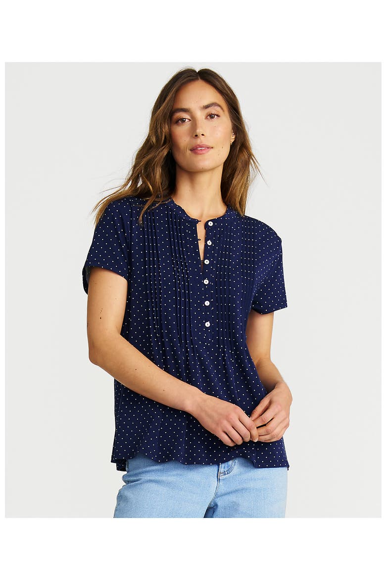 Plus Size Lightweight Jersey Button Pintuck Top, Alternate, color, Deep Sea Navy Pin Dot