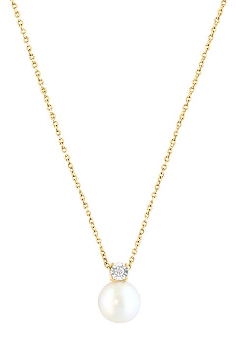 14K Yellow Gold 8.5mm Freshwater Pearl & Diamond Pendant Necklace - 0.04ct.