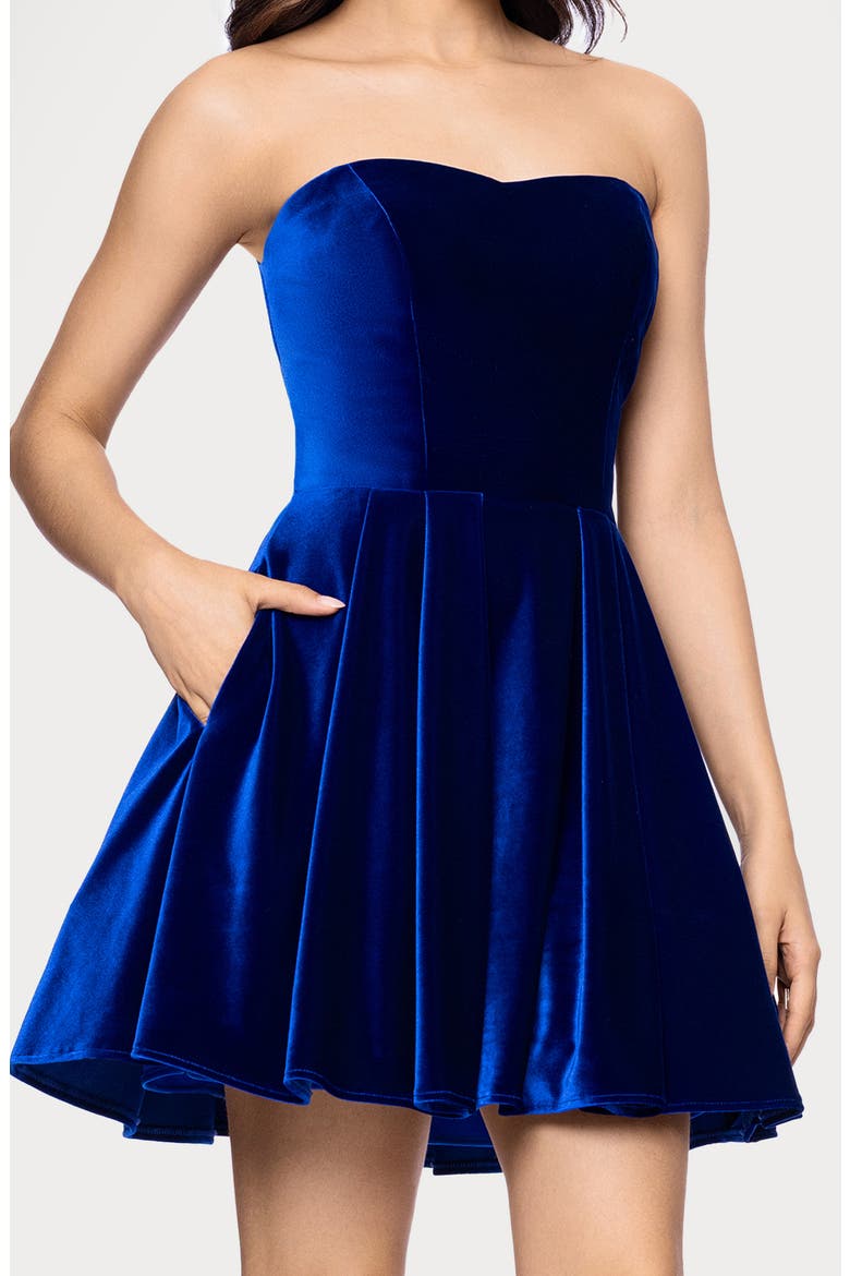 Bow Back Strapless Velvet Cocktail Minidress, Alternate, color, SAPPHIRE