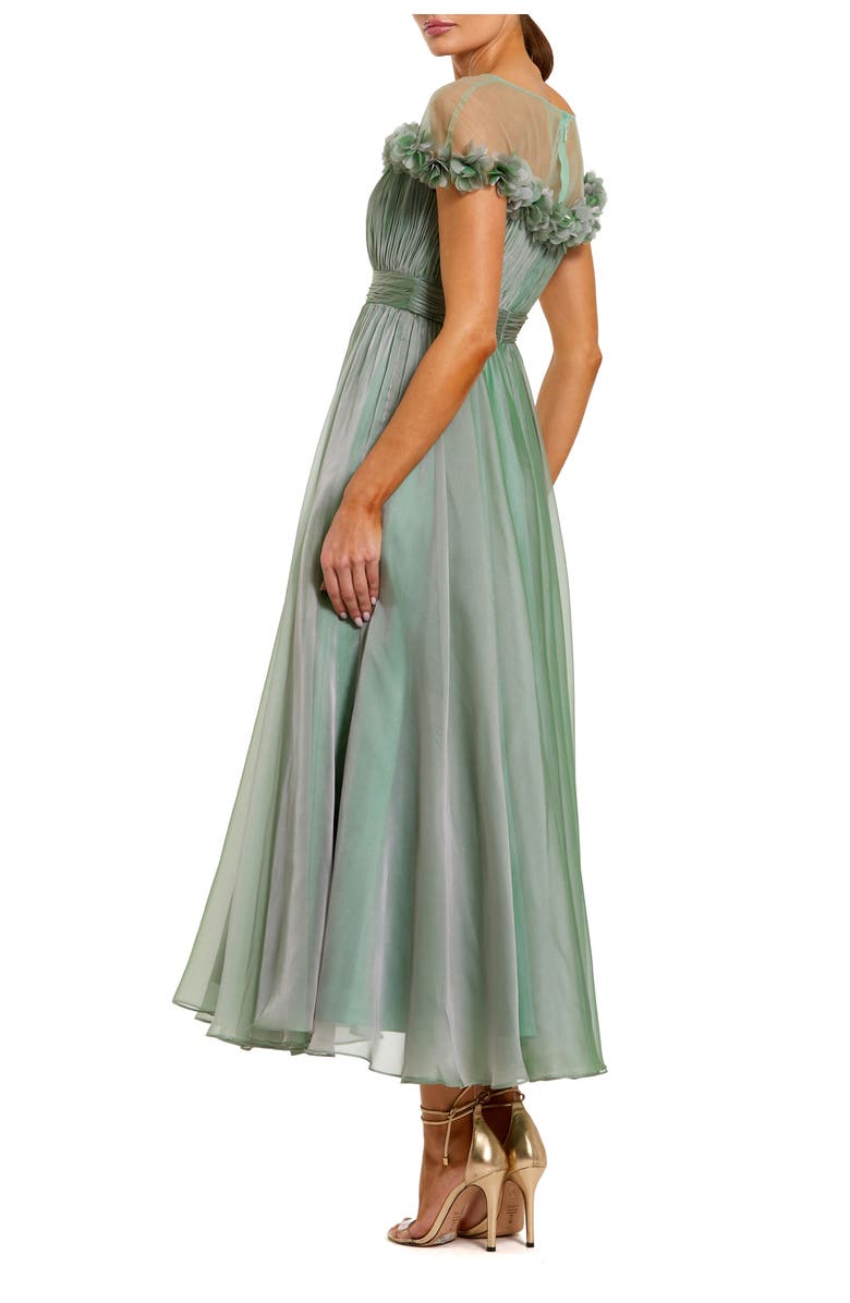 Mac Duggal Chiffon Illusion Neck Midi Dress With 3D Flowers, Alternate, color, Sage