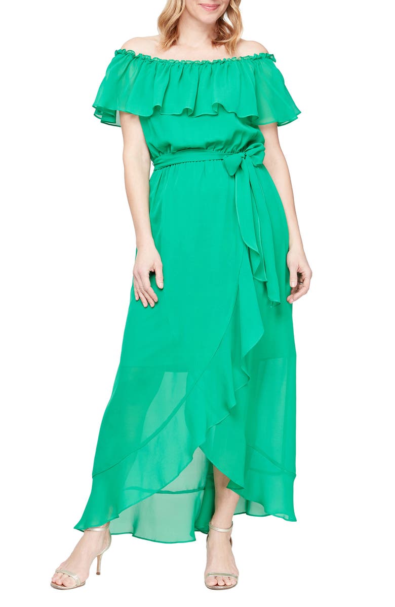 SL FASHIONS Off-the-Shoulder Ruffle High-Low Dress, Main, color,