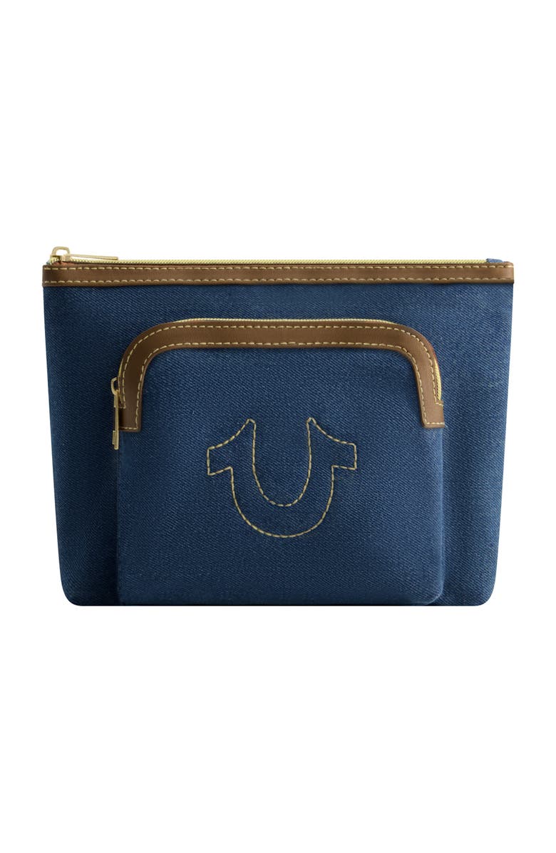 True Religion Trapezoid Zip Cosmetic Bag with Exterior Zip Pocket, Gold Hardware, Main, color, Denim
