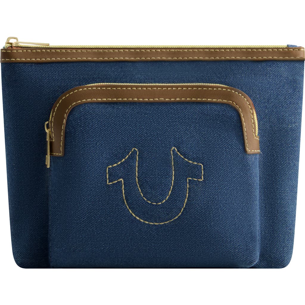 True Religion Trapezoid Zip Cosmetic Bag With Exterior Zip Pocket, Gold Hardware