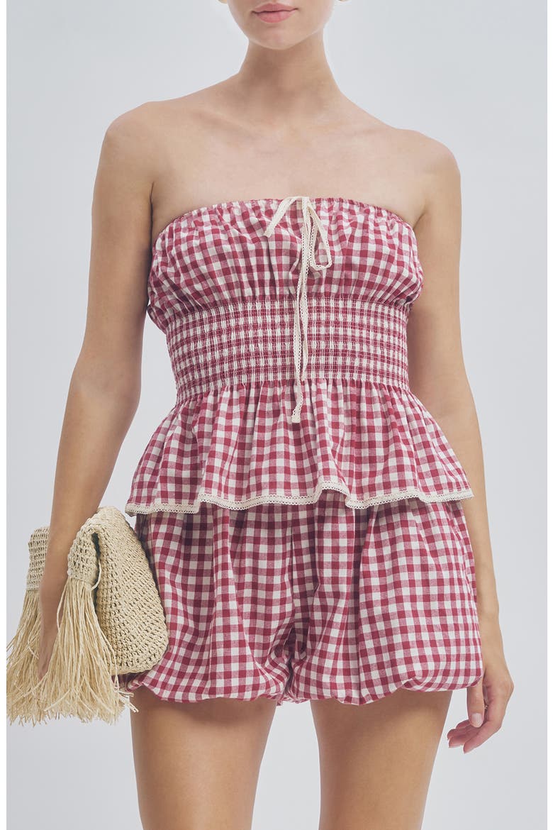 Floral Gingham Smocked Strapless Peplum Top, Main, color, BERRY GINGHAM