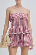 MAUDE CLUB Floral Gingham Smocked Strapless Peplum Top