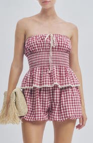 MAUDE CLUB Floral Gingham Smocked Strapless Peplum Top