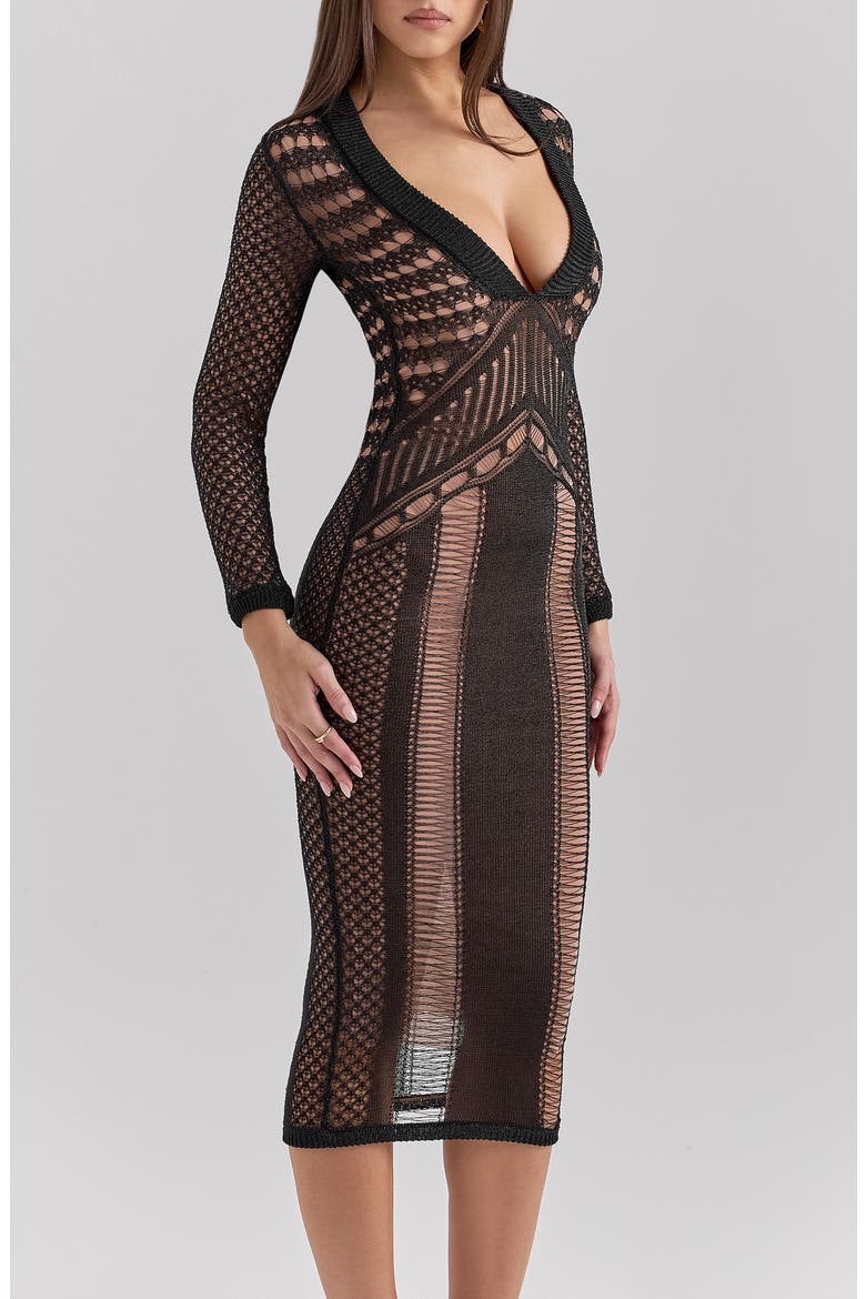 Louella Metallic Long Sleeve Body-Con Cocktail Dress, Alternate, color, BLACK