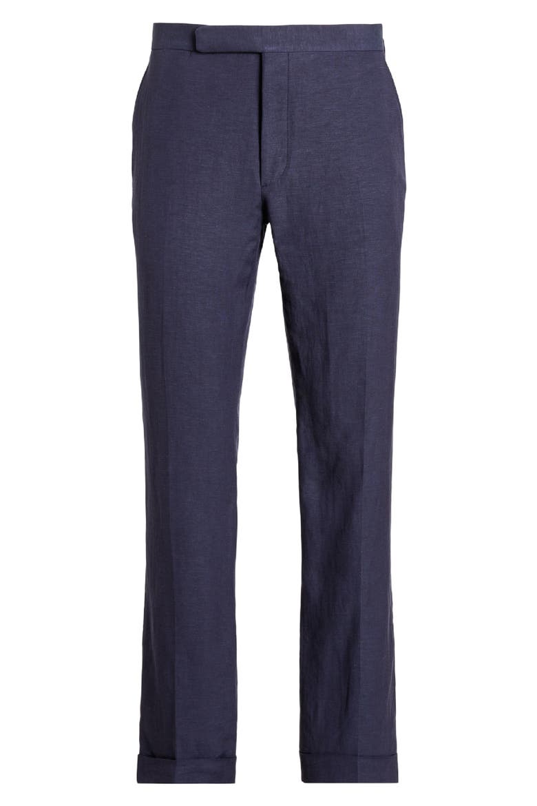 Gregory Flat Front Straight Fit Silk & Linen Pants, Alternate, color, NAVY
