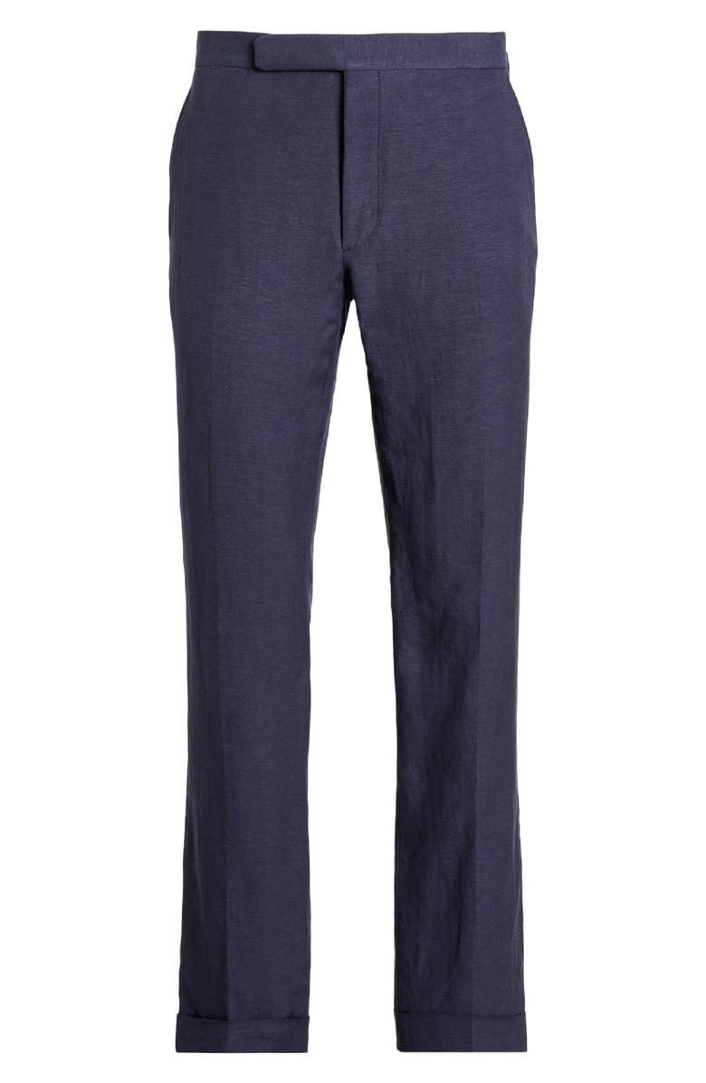 Ralph Lauren Purple Label Gregory Flat Front Straight Fit Silk & Linen Pants, Alternate, color, Navy