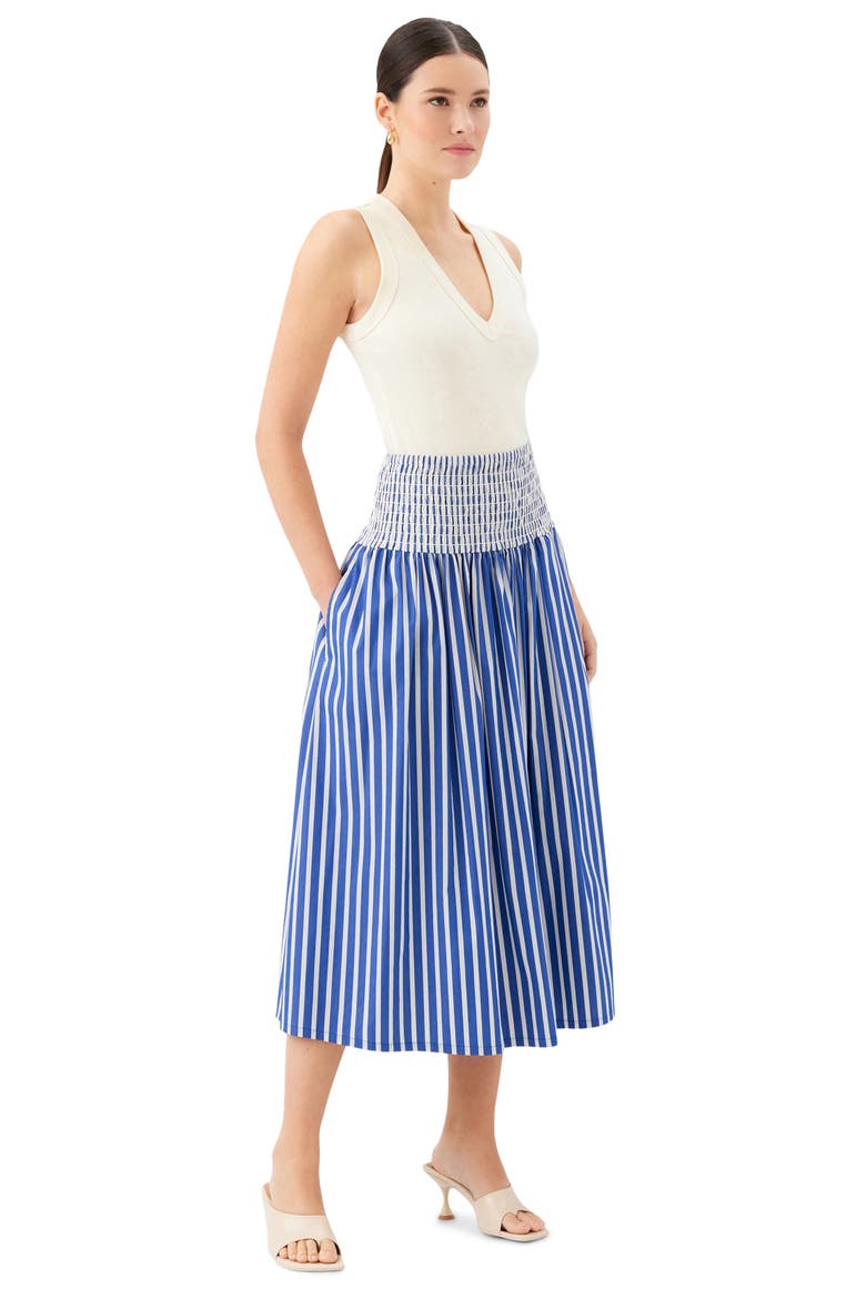 Rhea Smocked Waist Stripe Midi Skirt, Alternate, color, INDIGO