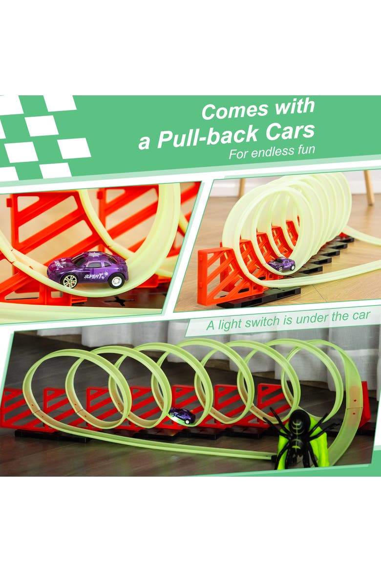 Track Builder Loop Kit, Glowing Race Track with Pull-back Car, Alternate, color, Green