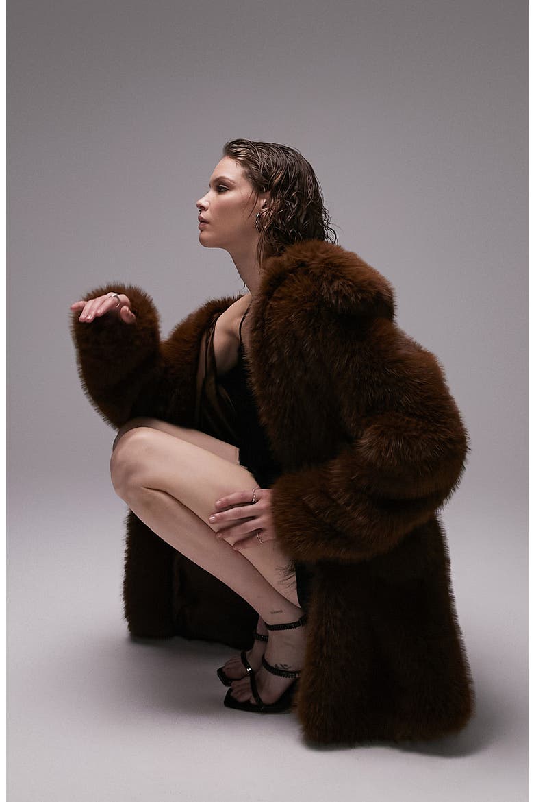 Faux Fur Longline Coat, Alternate, color, BROWN
