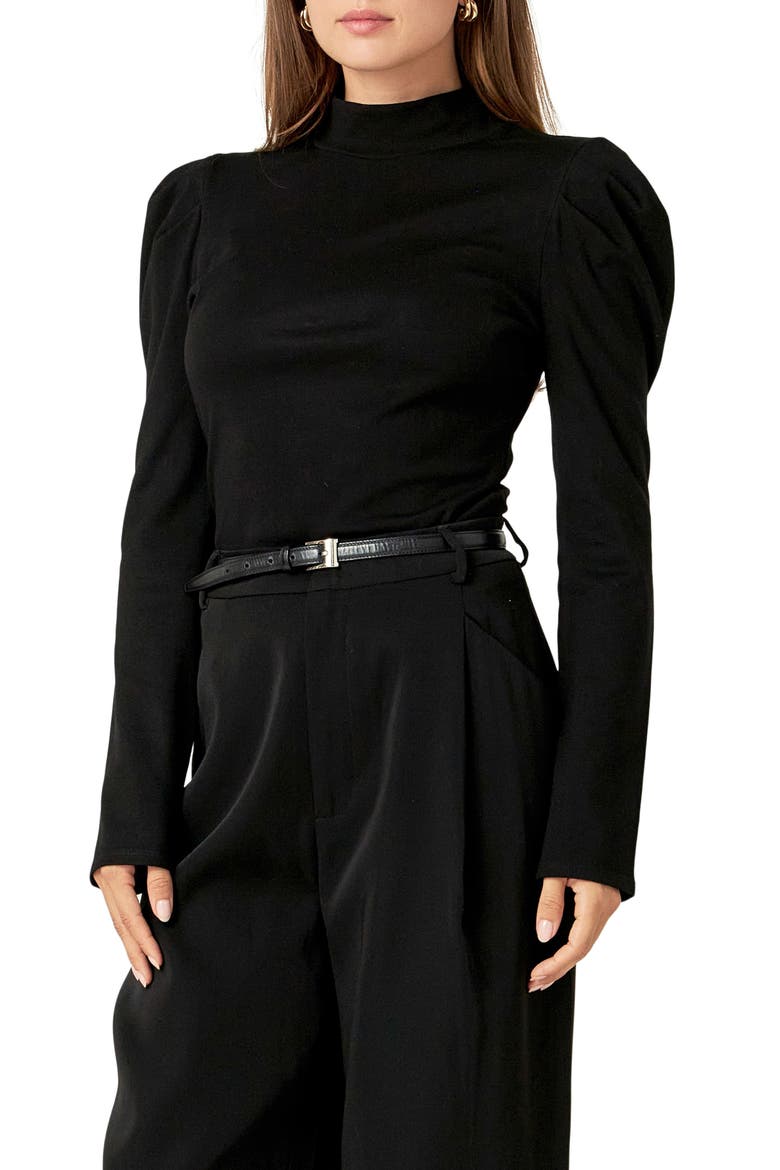 Puff Shoulder Mock Neck Rib Top, Alternate, color, BLACK
