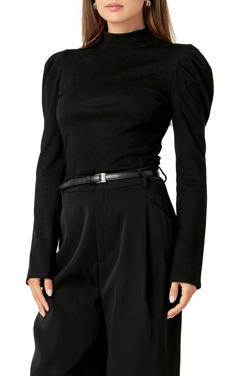 English Factory Puff Shoulder Mock Neck Rib Top, Alternate, color, Black