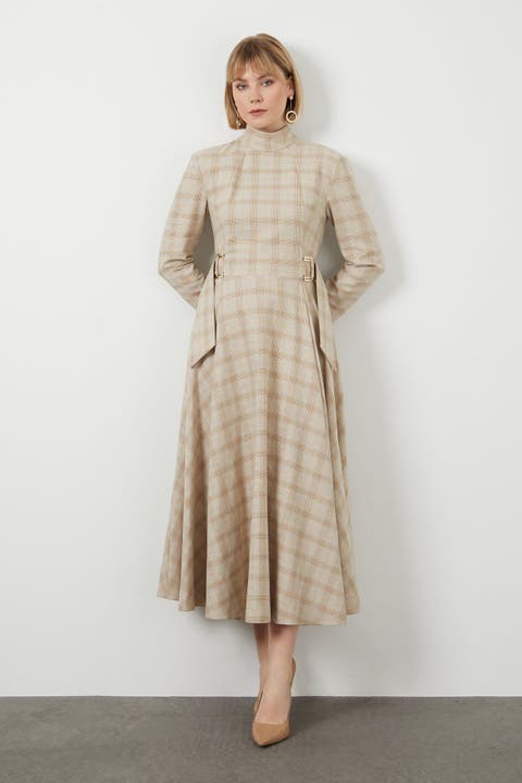High Collar Buckle Belt Detail Midi Lined Beige Dress