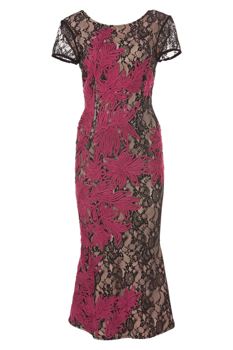 Soutache Embroidered Lace Midi Dress, Alternate, color, BLACK/ MAGENTA