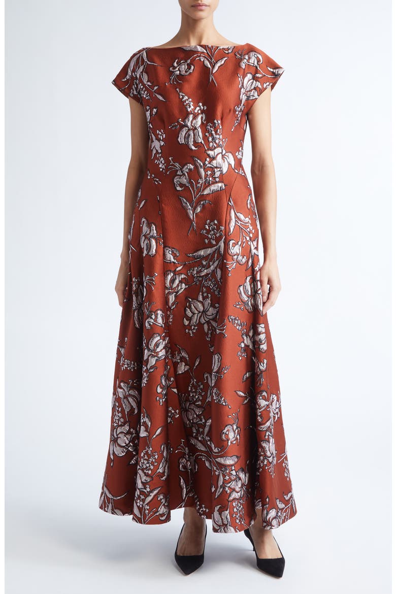 Metallic Floral Brocade A-Line Gown, Main, color, BRICK
