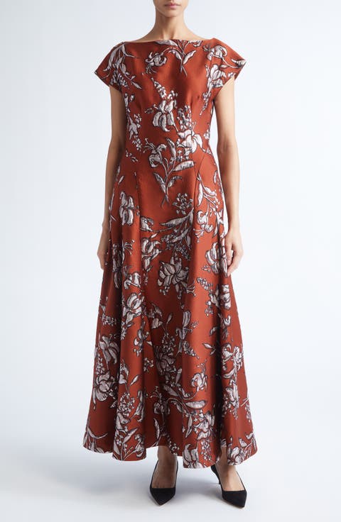 Metallic Floral Brocade A-Line Gown