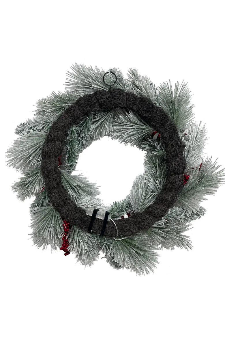 26" Flocked Pinecone, Berry & Ornament Pre-Lit Wreath, Alternate, color, Green