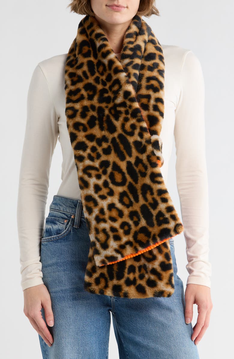 Kurt Geiger London Poppy Leopard Faux Fur Knit Scarf, Main, color, Brown