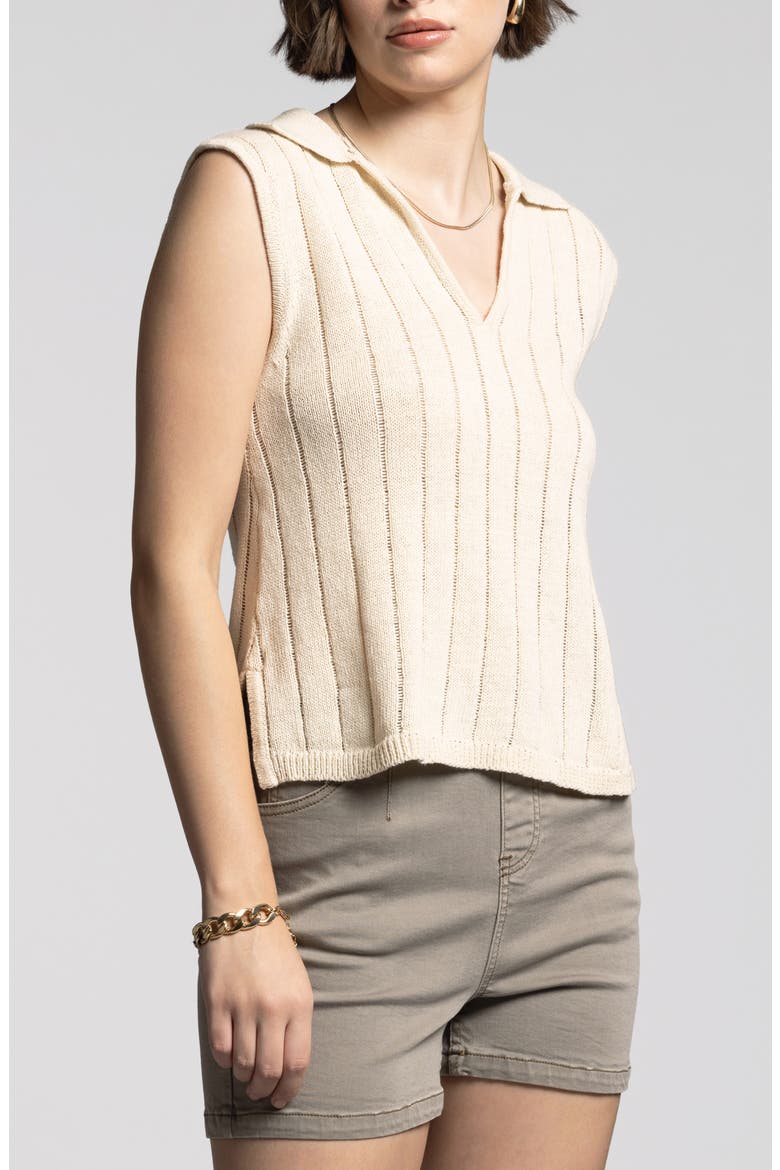 Gia Collared Linen & Cotton Sweater Vest, Alternate, color, BONE