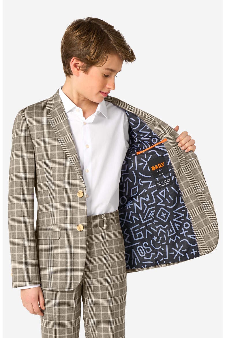 Kids' Daily Tan Glen Check Stretch Suit, Alternate, color, BROWN MULTI
