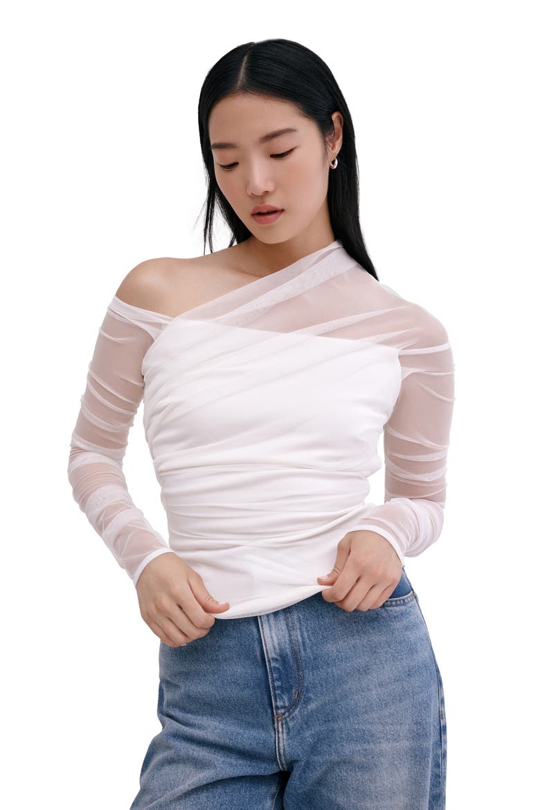 Monroe One-Shoulder Mesh Overlay Top, Alternate, color, OFF WHITE