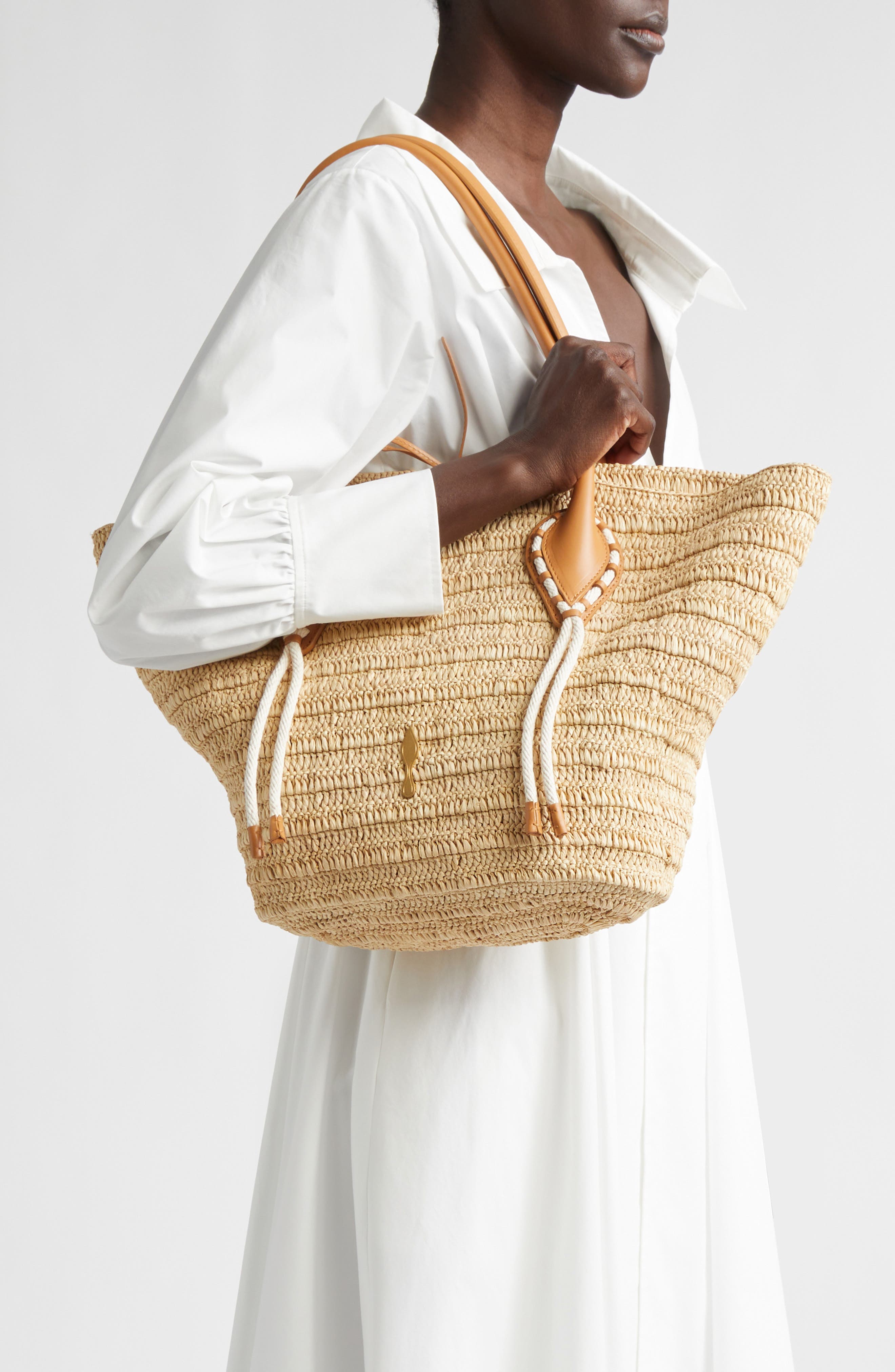 Large Woven Raffia Basket Tote, Alternate, color, 6370 NATURAL/ CUOIO