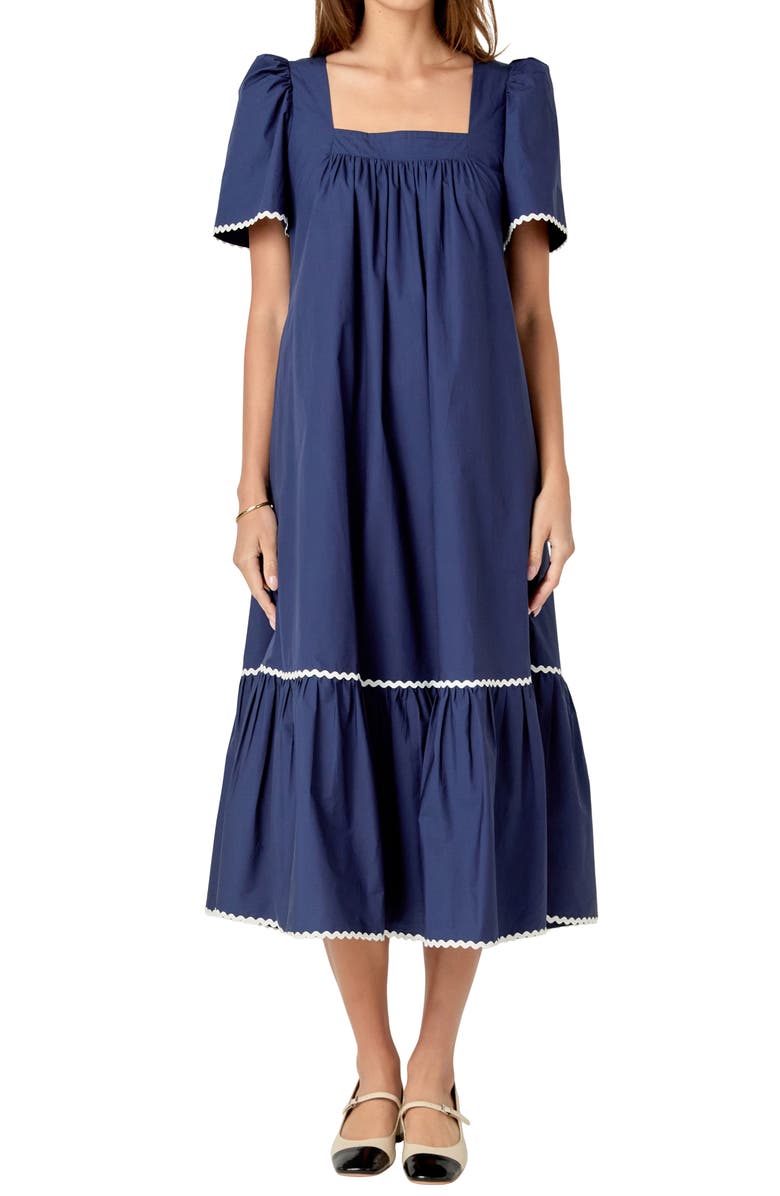 English Factory Rickrack Trim Midi Dress, Alternate, color, Navy