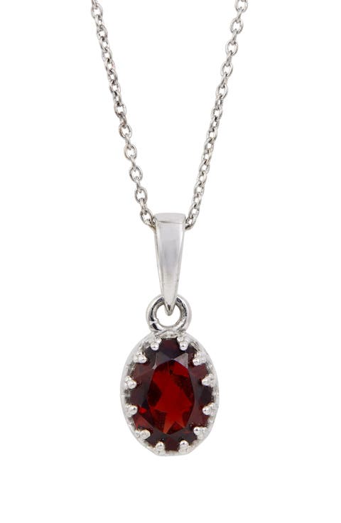 Rhodium Plated Sterling Silver Semiprecious Stone Pendant Necklace