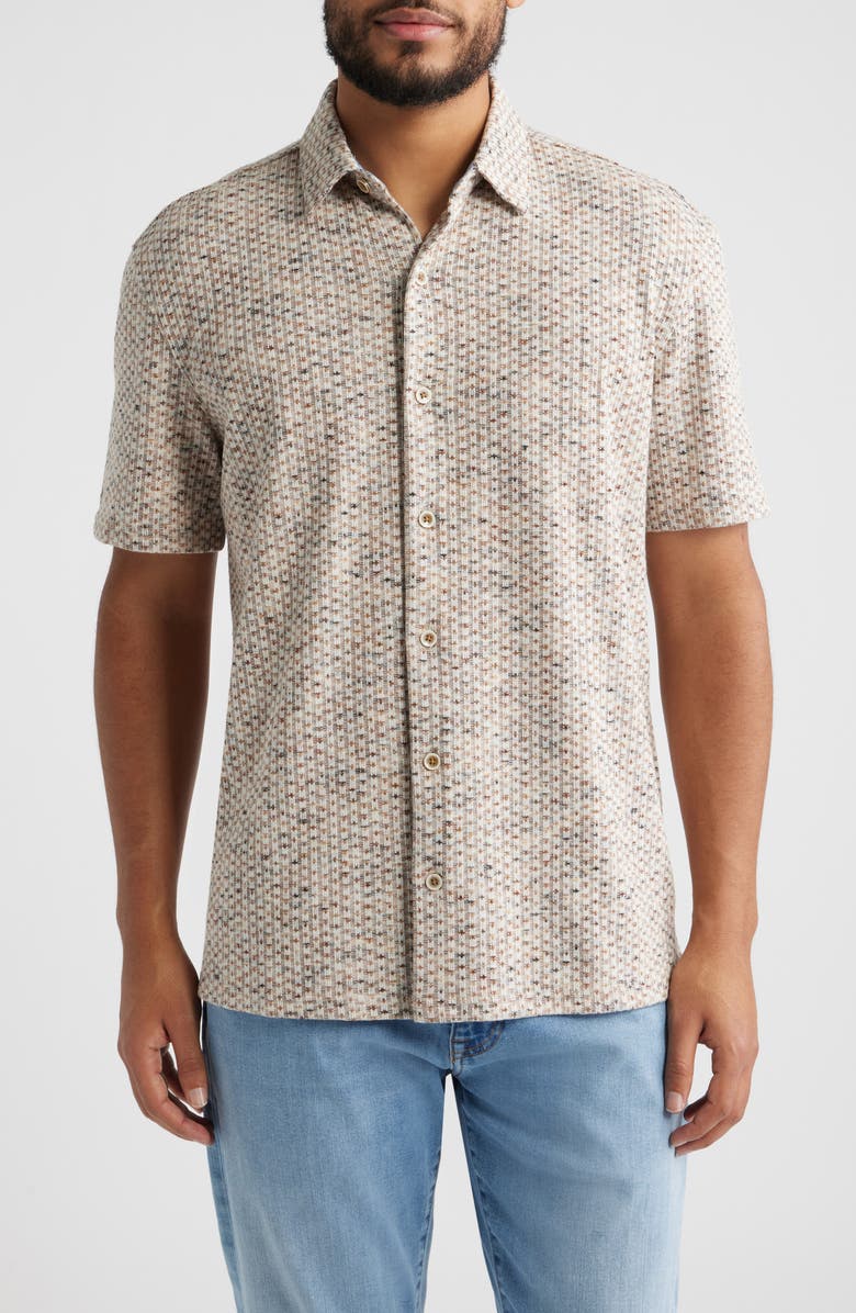 Johnston & Murphy Linden Textured Short Sleeve Button-Up Shirt, Main, color, Ivory/ Brown Stripe