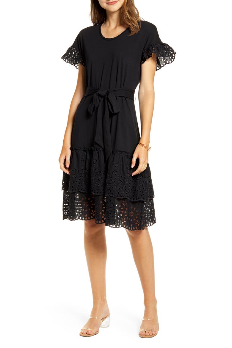 Eyelet A-Line Dress, Main, color, BLACK