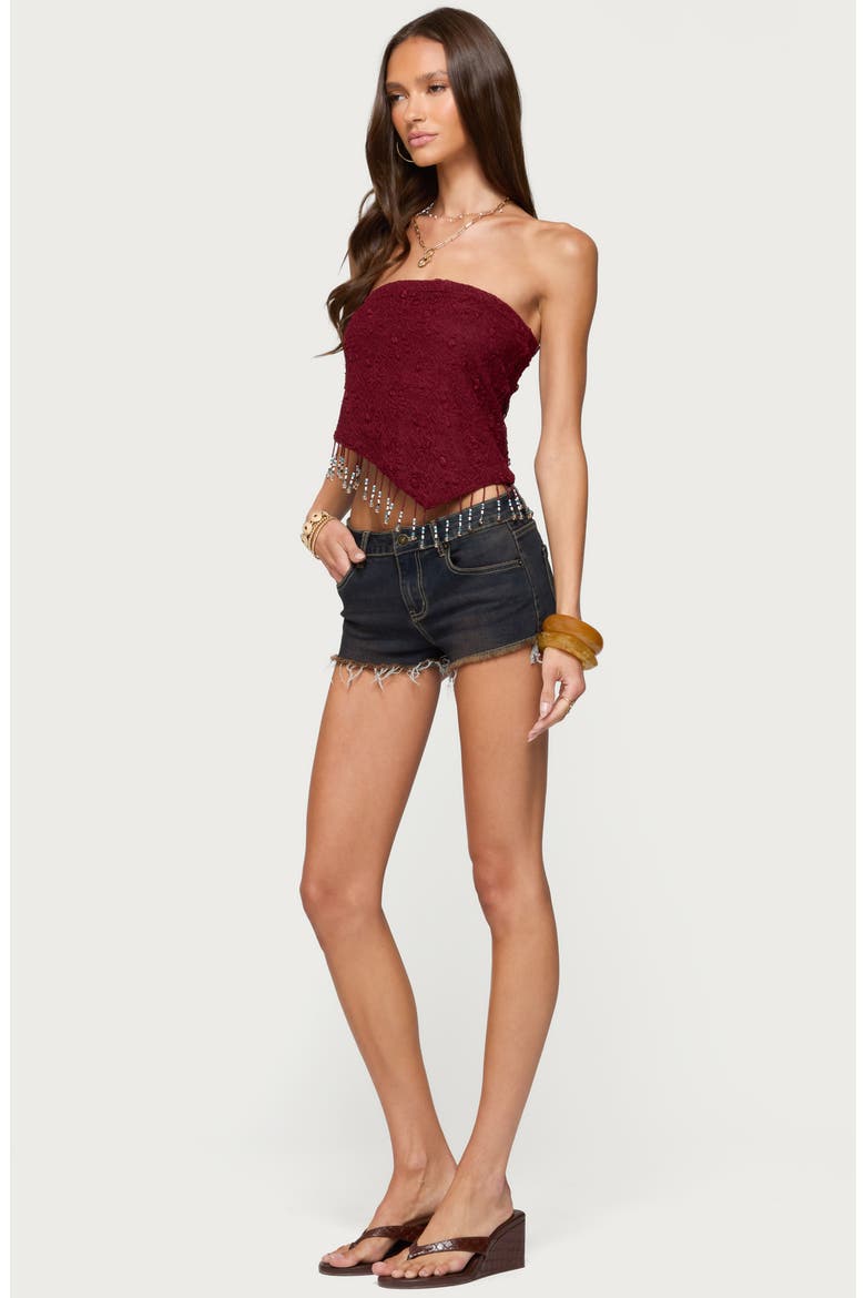 Lace Beaded Fringe Asymmetric Hem Tube Top, Alternate, color, BURGUNDY